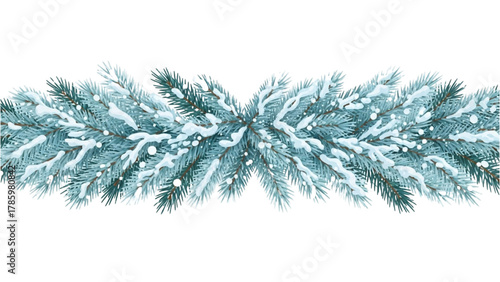 Wintery Evergreen Garland Snow-Dusted Festive Pine Boughs on a White Background