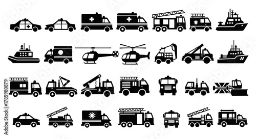 A collection of emergency and service vehicles, including police cars, ambulances, fire trucks, helicopters, tow trucks, and boats, arranged in rows.
