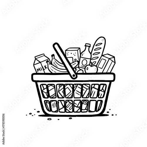 HandDrawn Grocery Basket Filled with Food Items.