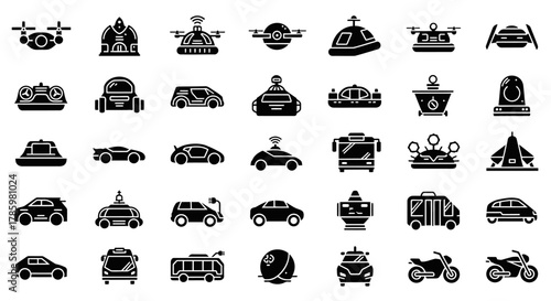 A collection of black silhouette icons representing various vehicles, including cars, drones, buses, motorcycles, and futuristic transportation concepts.