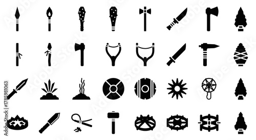 A collection of various primitive weapons, tools, and decorative elements, presented in a black and white format.