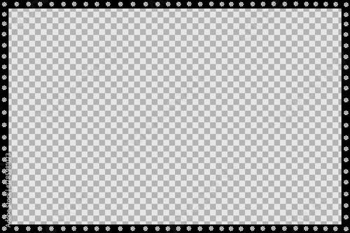 Horizontal black frame with white flowers. Flat vector design. Space for congratulations and text. Isolated on chess background.