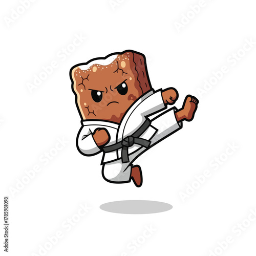 A cartoon brownie wearing a karate gi and black belt is doing a karate kick