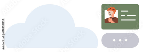 Stylized cloud shape alongside user profile card with photo and details, plus navigation menu bar. Ideal for data storage, user interface, personal profile access, cloud technology, digital services