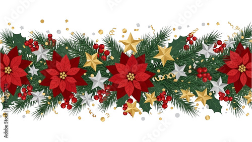 Seamless Christmas Garland Border with Poinsettias and Stars