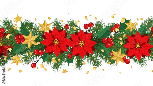 Festive Christmas Garland with Poinsettias and Stars