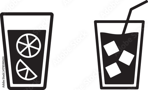 Two refreshing cold drinks with ice fruit slices and straws