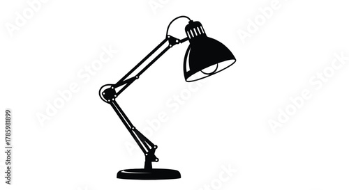 A black silhouette of an adjustable desk lamp with a flexible arm and a conical shade on a white background