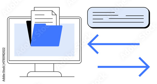Computer screen with folder and documents, text bubble, and directional arrows. Ideal for communication, file sharing, cloud storage, system networking, data backup, digital exchange simple flat
