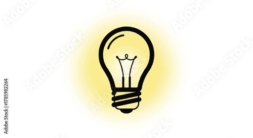 A simple black outline of a glowing incandescent light bulb with a bright yellow halo on a white background symbolizing ideas and inspiration