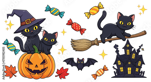 Happy Halloween. Mega set of black cat with yellow eyes in different poses with a pumpkin, on a broomstick, in a hat of a witch and other elements isolated on a white background. Cartoon, vectors