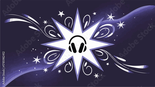 Abstract Dark Purple Background with White Starburst and Headphones Icon music audio
