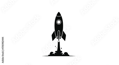 Black silhouette of a retro style rocket launching upwards with smoke and flames against a white background