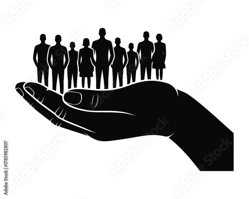 Silhouette of diverse group of people standing on an open palm symbolizing care and support