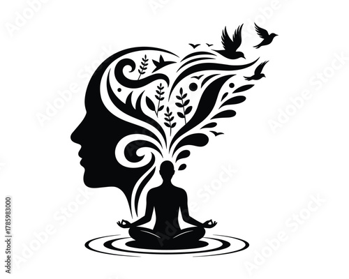 Silhouette of a person meditating with abstract floral patterns and birds emerging from their head into a larger profile silhouette