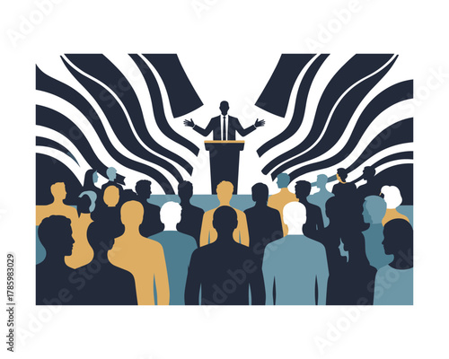 Silhouette of a speaker addressing a diverse crowd from a podium with abstract wavy flags behind them