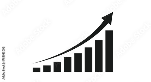Black bar chart with an upward trending arrow indicating growth and success on a white background