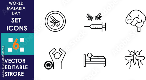 Set of editable vector icons for World Malaria Day showing mosquito, vaccine, brain, sick person in bed, prevention, and infection awareness in simple line style