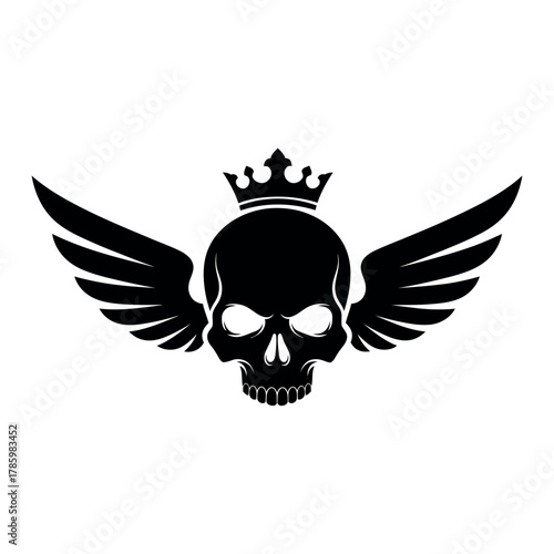 Stylized black skull with crown and wings isolated on white background