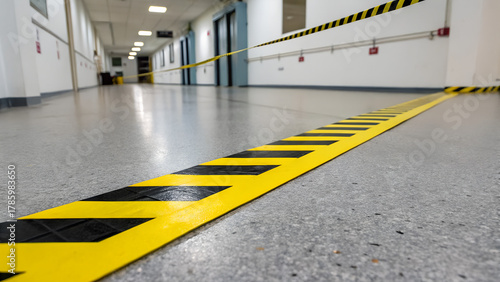 Hospital corridor with yellow hazard tape marking safe walking line on floor