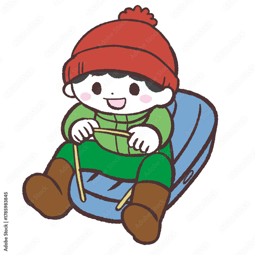 Fototapeta premium そりで遊ぶ男の子のイラスト