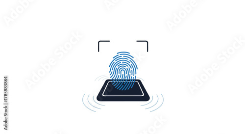 Digital fingerprint scanner on a dark device with blue biometric waves and scanning brackets representing security and identification