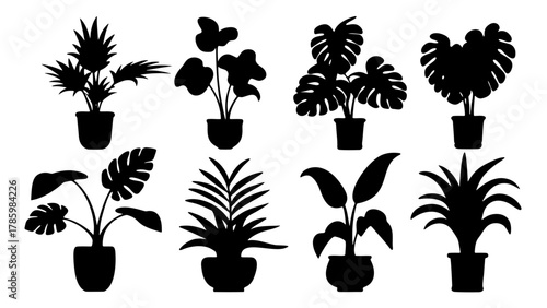 Set of black potted houseplant silhouettes including monstera and palm tree