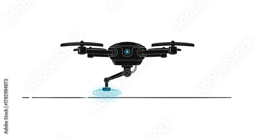 Modern black drone with robotic arm and glowing sensor hovering over a horizontal line