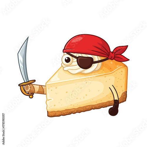 Cheesecake pirate cartoon character, holding sword and wearing eye patch, and red bandana