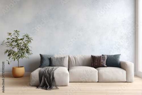 Minimalist living room interior features a low profile sectional sofa beside a potted houseplant against a textured wall