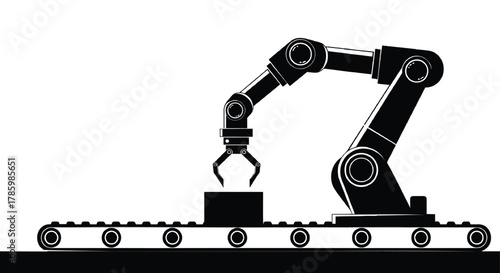Industrial robotic arm with gripper mechanism working on a conveyor belt system with a box
