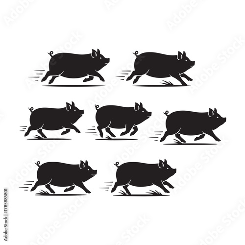 pig walking silhouette vector illustration, pig running silhouette side view black vector, realistic pig walking in farm vector, minimalist pig walking outline silhouette, tribal pig running pose 