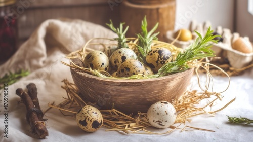 Fresh quail eggs in rustic wooden bowl with herbs and straw. Generative AI