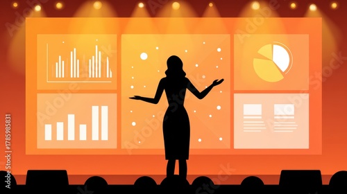Silhouette of a presenter with data visualizations