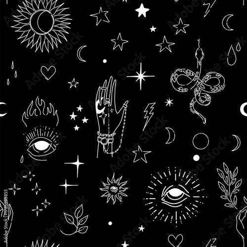 Hand drawn linear black and white vintage ornament with magic symbols. Seamless Textile Design For Printing. Vector illustration.