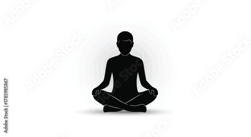 Silhouette of a person meditating in a lotus pose with a subtle halo effect on a clean white background