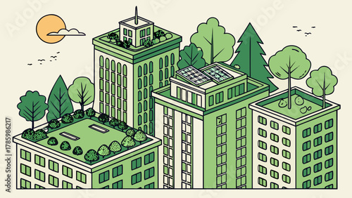 Illustration of sustainable buildings with green roofs and solar panels