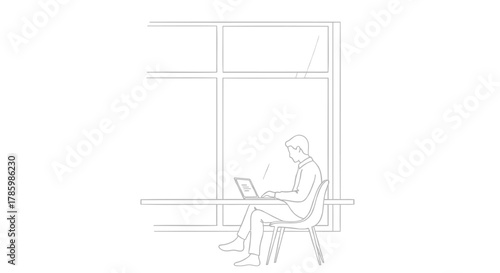 Minimalist line drawing of a man working on a laptop at a desk in front of a large window