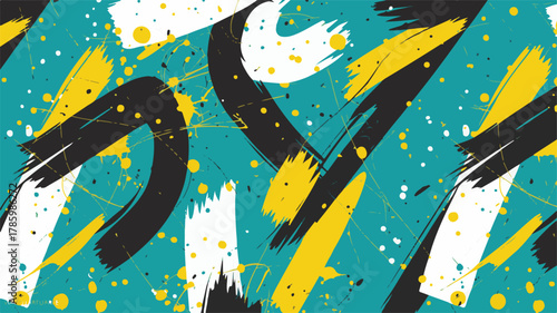 Abstract Teal Background with Black White and Yellow Brush Strokes and Splatters turquoise