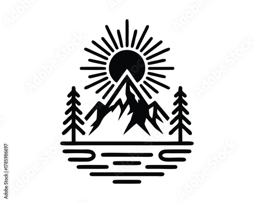 Vintage Mountain Sunburst Water Logos - Minimalist Nature Adventure Badge Set