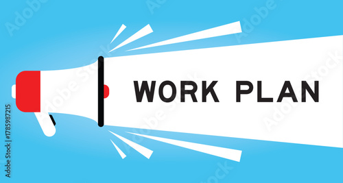 Color megaphone icon with word work plan in white banner on blue background