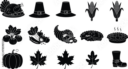 Thanksgiving autumn holiday silhouette icons, turkey dinner, pumpkin pie, cornucopia harvest, pilgrim hat, vegetables, leaves, seasonal food illustration vector