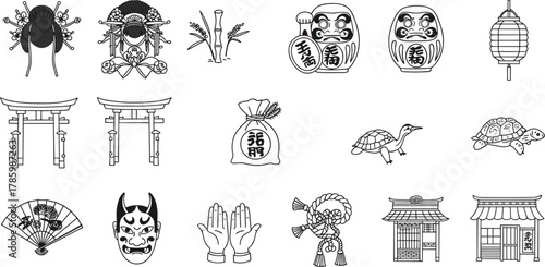 Traditional Japanese cultural symbols, samurai helmet, daruma doll, torii gate, crane, turtle, lantern, mask, fan, architecture, vector illustration