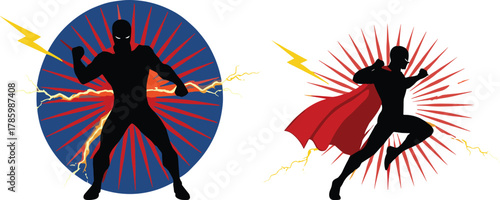 Superhero silhouette vector illustration with red cape, powerful stance and leaping pose, comic style action, energy lightning bolts design art