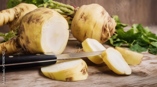 Fresh rutabaga root and slices on wooden table with knife. Generative AI
