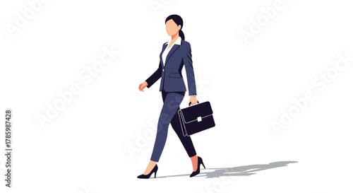 Professional woman in a dark blue suit confidently walking with a briefcase and casting a shadow on a white background