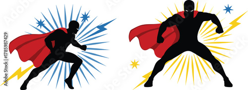 Superhero silhouette vector illustration with red cape, dynamic action poses, speed and strength concept, comic style graphic art design