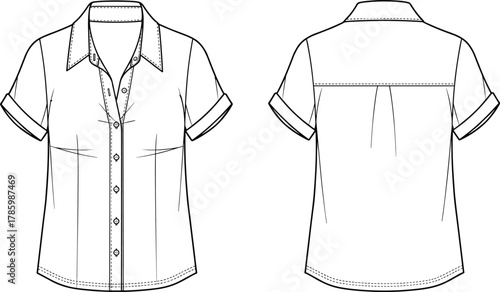 Technical flat sketch short sleeve button up shirt front and back view, fashion design template, apparel construction, garment vector illustration