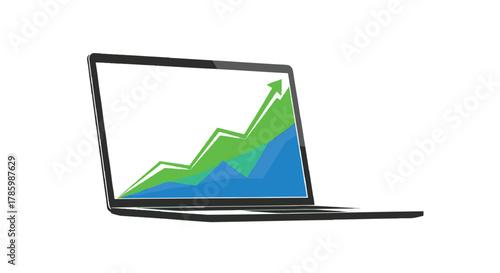 Laptop displaying a vibrant green and blue upward trending financial graph with an arrow indicating growth and success