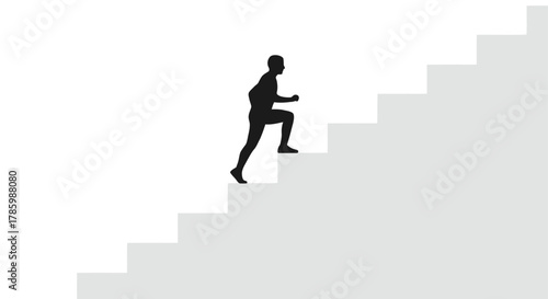 Silhouette of a determined man running up a set of grey stairs against a clean white background symbolizing progress and achievement